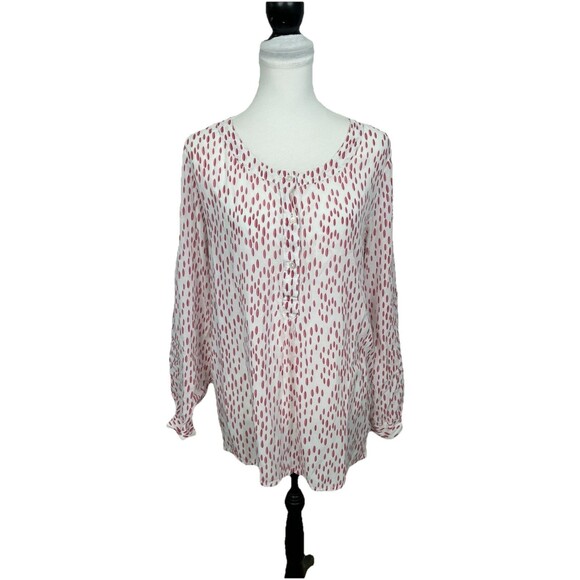 Tommy Hilfiger Blouse Size Large L Pink & White Print 1/4 Button Semi Sheer Top - Picture 1 of 9